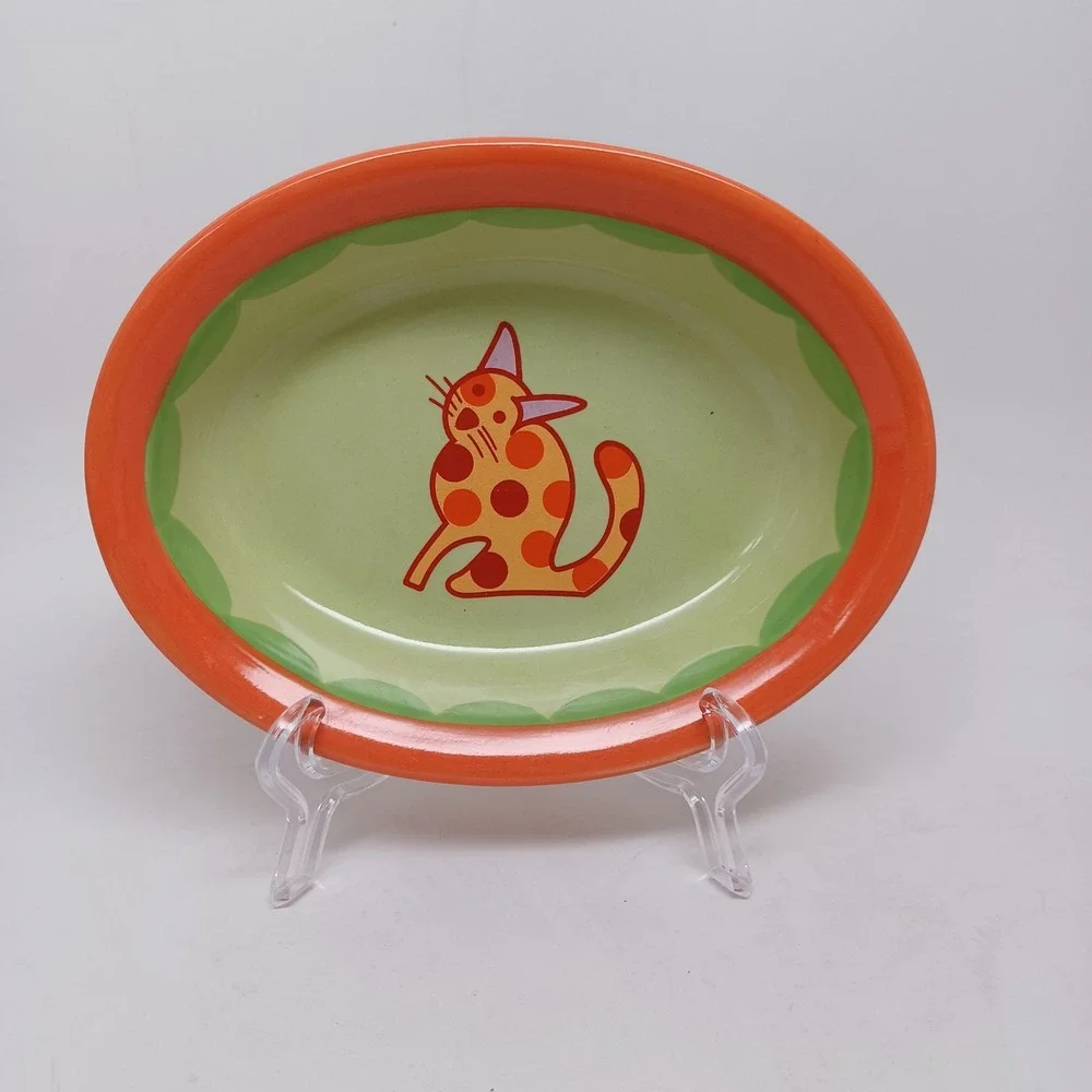 Castlemere Ceramic Pet Bowl Orange Green Polka Dot Cat Oval Dish Dishwasher Safe